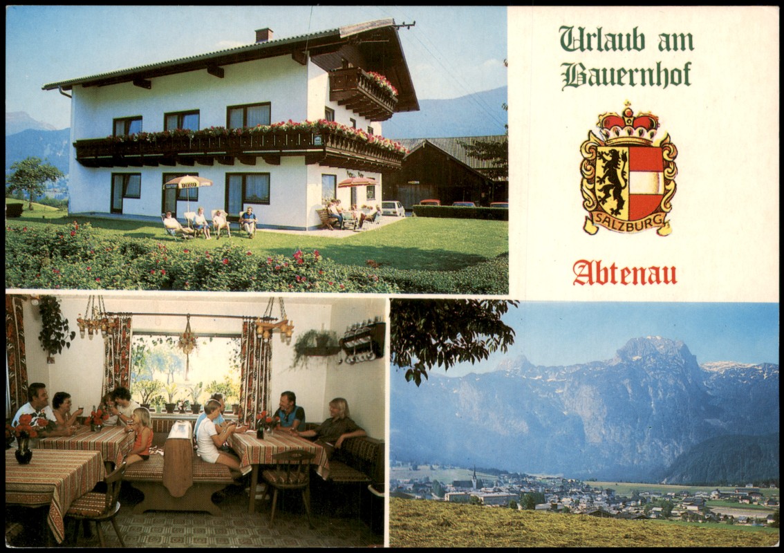 vergrößern: Bildseite historische Ansichtskarte von 1970: Bauernhof GÄSTEHAUS REITER Fam. Leonhard Reiter Ober-Wötzlhof (Mehrbild-AK):: Abtenau