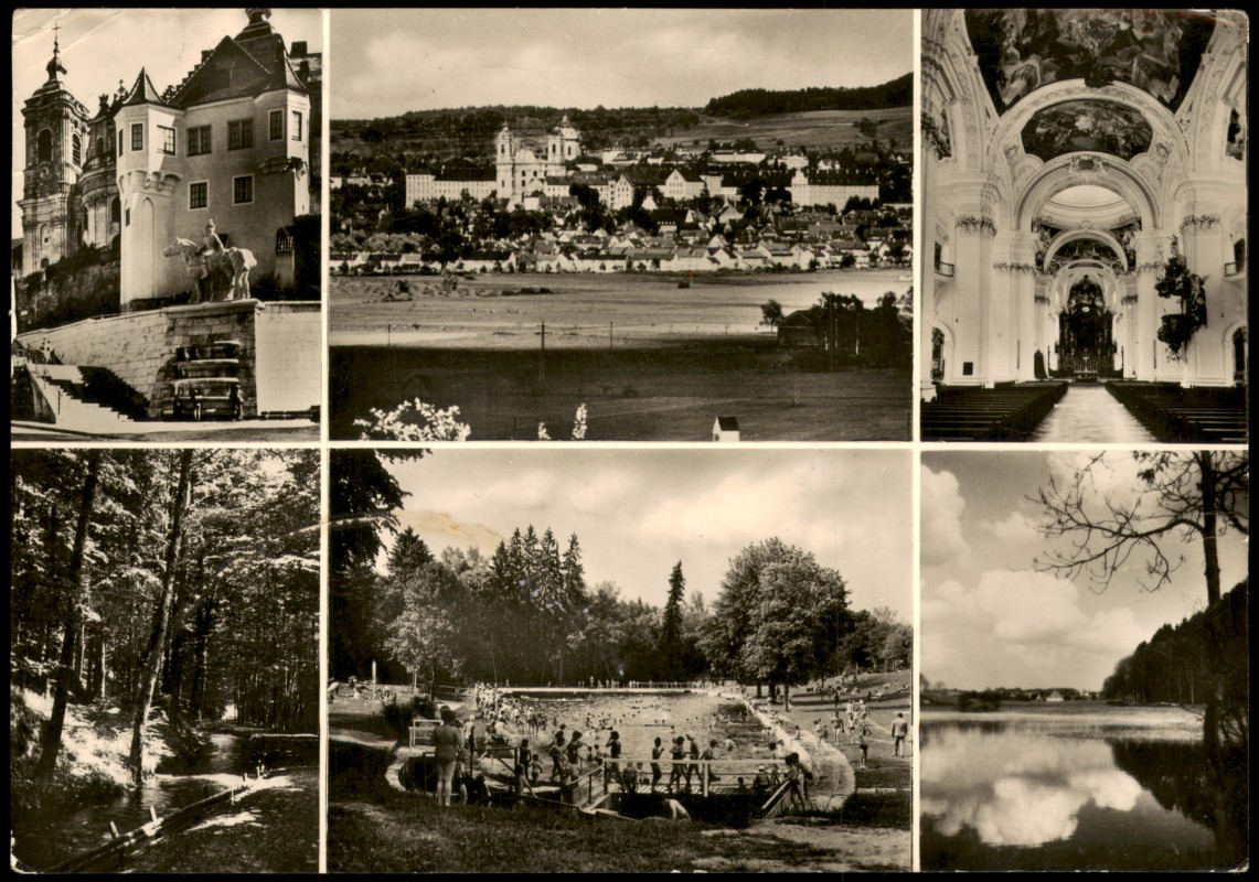 vergrößern: Bildseite historische Ansichtskarte von 1960: Mehrbildkarte mit Ortsansichten u.a. Schwimmbad, Rösslerweiher uvm.:: Weingarten (Württemberg)