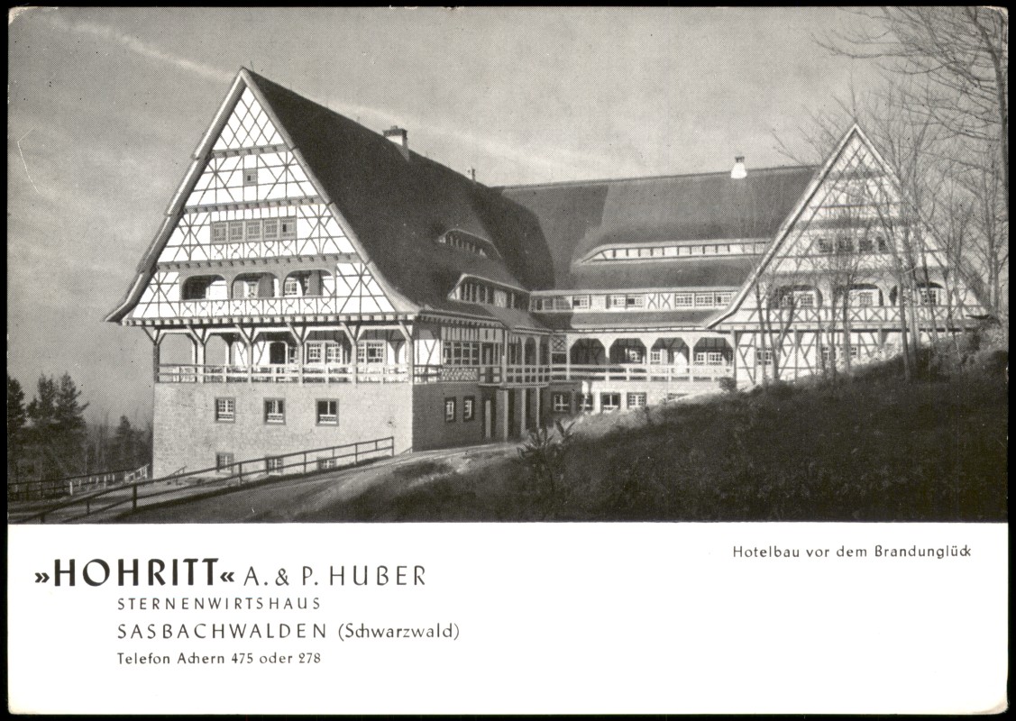 zoom: Image side vintage Postcard from 1940: Sternenwirtshaus Hotelbau Hohritt vor dem Brandunglück:: Sasbachwalden