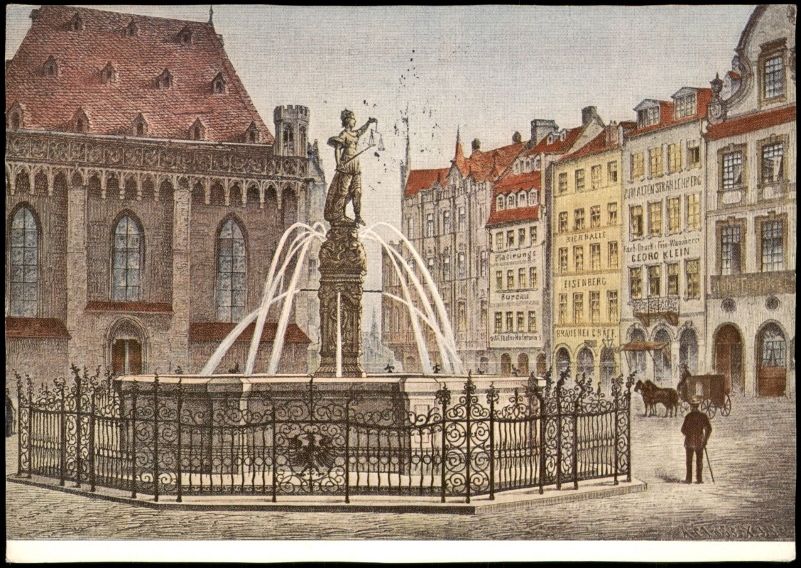 zoom: Image side vintage Postcard from 1974: Künstlerkarte Justitiabrunnen nach Kolorierte Xylographie:: Frankfurt am Main