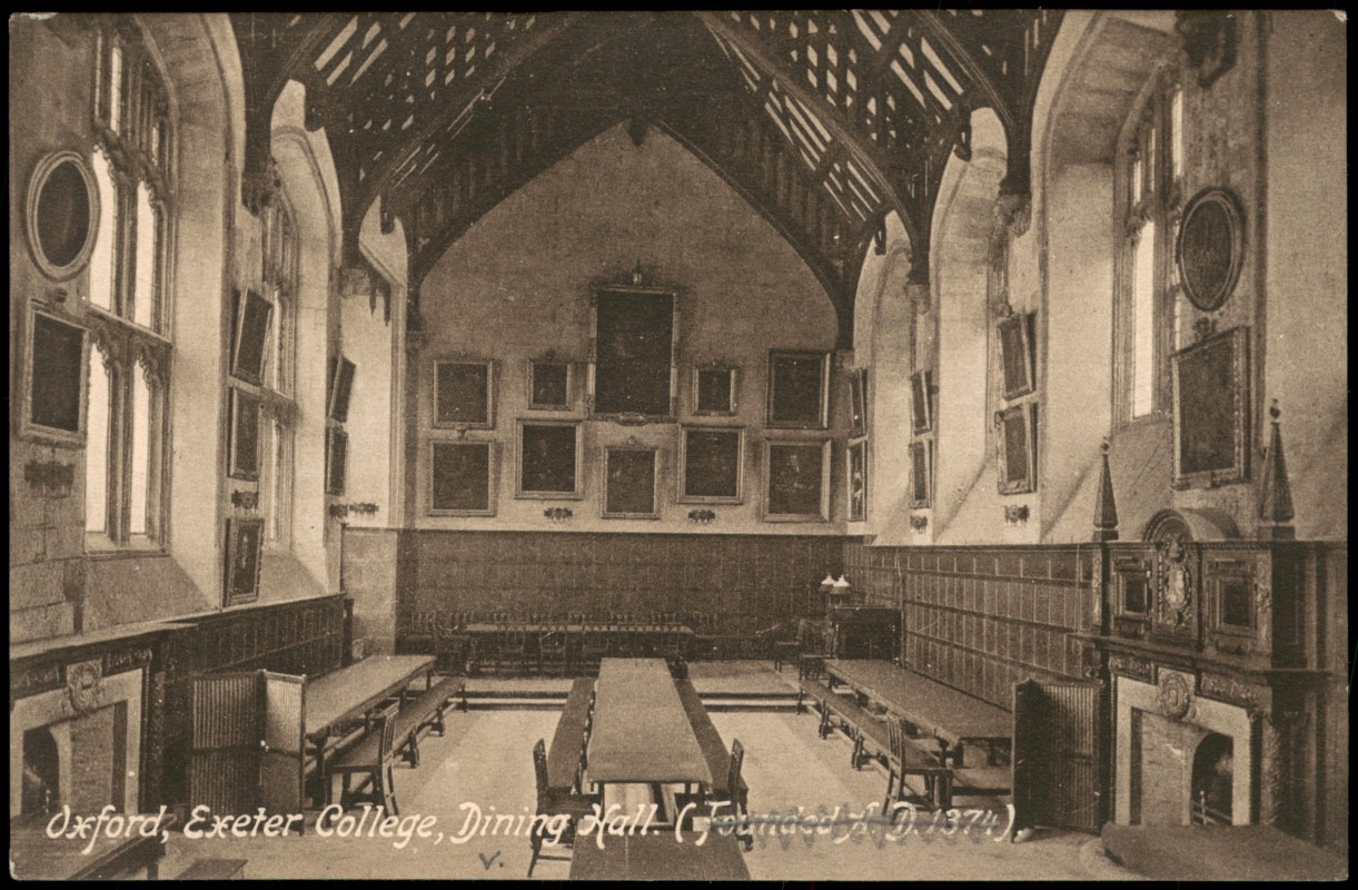 zoom: Image side vintage Postcard from 1910: Exeter College Dining Hall:: Oxford