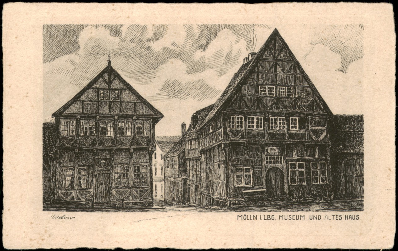 vergrößern: Bildseite historische Ansichtskarte von 1910: Künstlerkarte Zeichnung MUSEUM UND ALTES HAUS:: Mölln (Schleswig-Holstein)