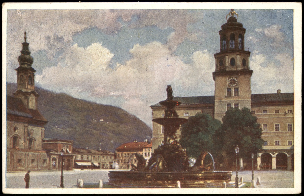 zoom: Image side vintage Postcard from 1924: Residenzplatz (Künstlerkarte):: Salzburg