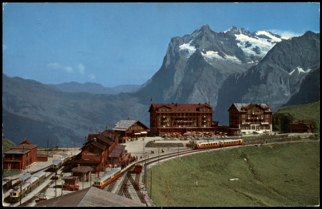 zoom: Image side vintage Postcard from 1970: Schweizer Alpen Jungfraubahn Kleine Scheidegg mit Wetterhorn:: Grindelwald