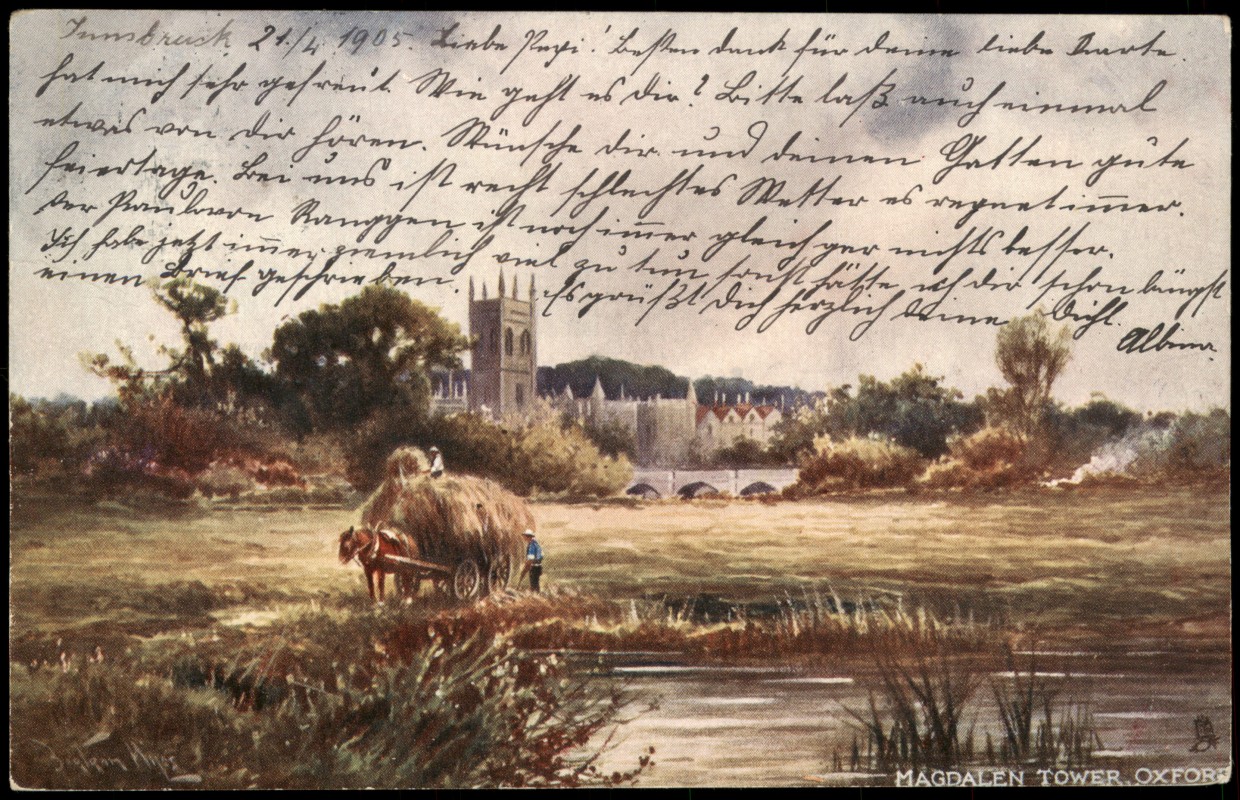 zoom: Image side vintage Postcard from 1910: Magdalen Tower, Farmer, Landwirt bei der Arbeit:: Oxford