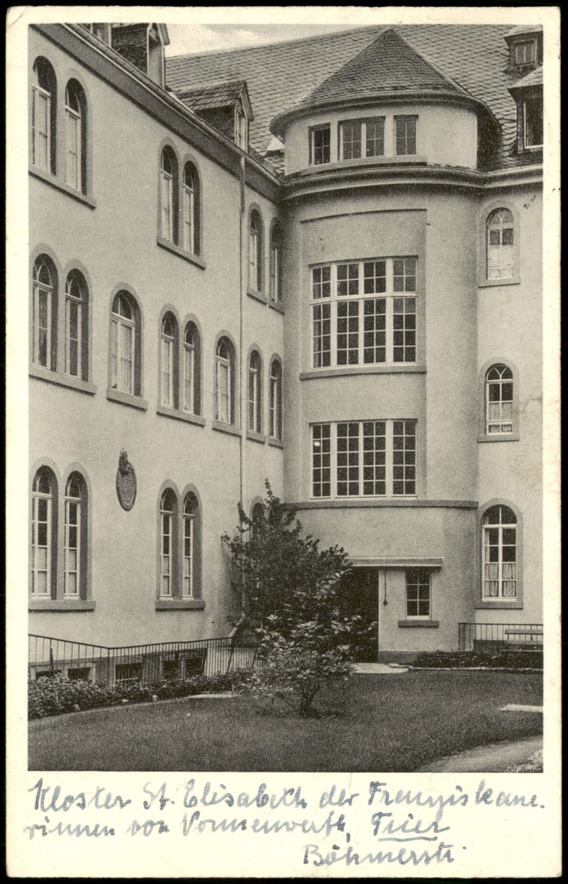 zoom: Image side vintage Postcard from 1952: Kloster St. Elisabeth, Gartenansicht:: Trier