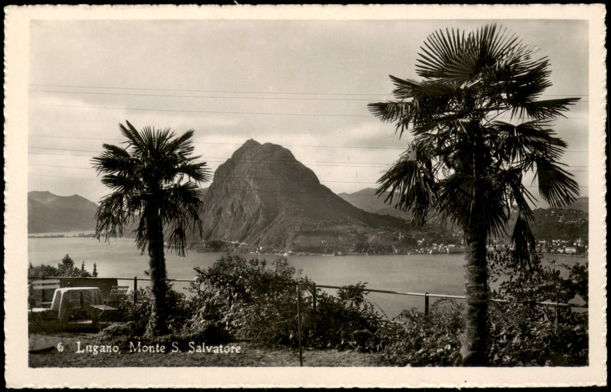 zoom: Image side vintage Postcard from 1955: Monte San Salvatore mit Luganersee und Palmen:: Lugano