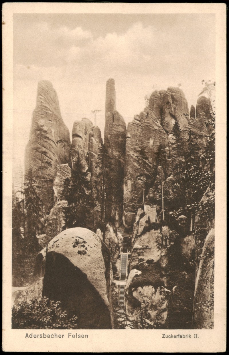vergrößern: Bildseite historische Ansichtskarte von 1922: Adersbacher Felsen Zuckerfabrik II.:: Braunau