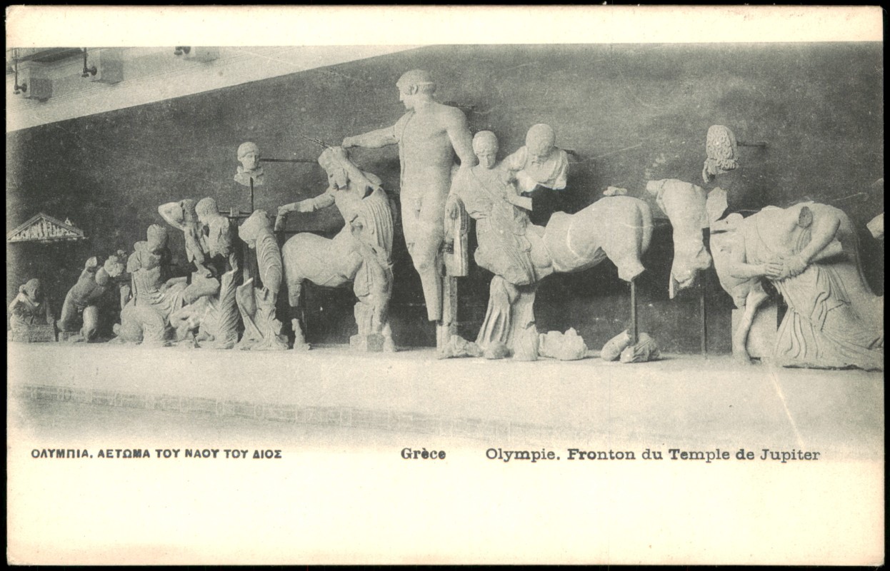 zoom: Image side vintage Postcard from 1913: Olympie. Fronton du Temple de Jupiter:: Olympia
