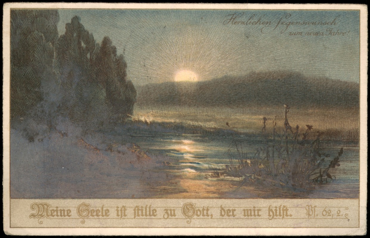 vergrößern: Bildseite historische Ansichtskarte von 1926: Abendliche Flusslandschaft mit Psalm 62,2, Neujahrsgrüße::