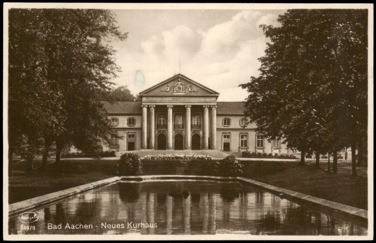zoom: Image side vintage Postcard from 1931: Neues Kurhaus mit Parkanlage und Wasserbecken:: Aachen