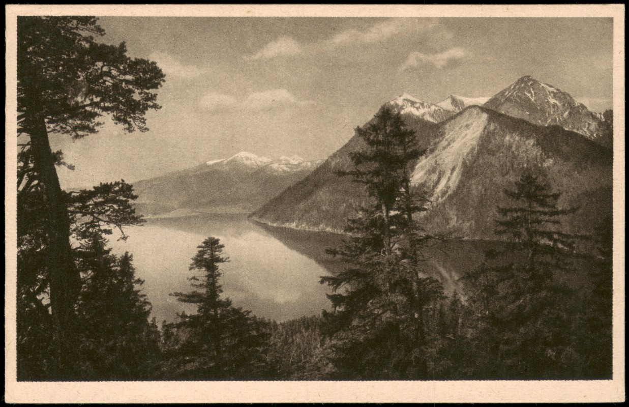 zoom: Image side vintage Postcard from 1935: Walchensee mit Herzogstand, Martinskopf und Farrenbergkopf:: Kochel am See