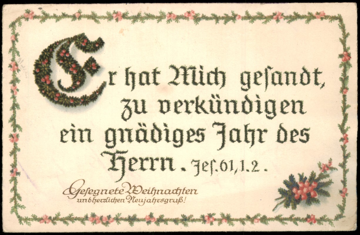zoom: Image side vintage Postcard from 1910: Religiöse Grußkarte mit Bibelvers Jesaja 61, 1-2 und Rosenbordüre, Neujahrsgrüße::