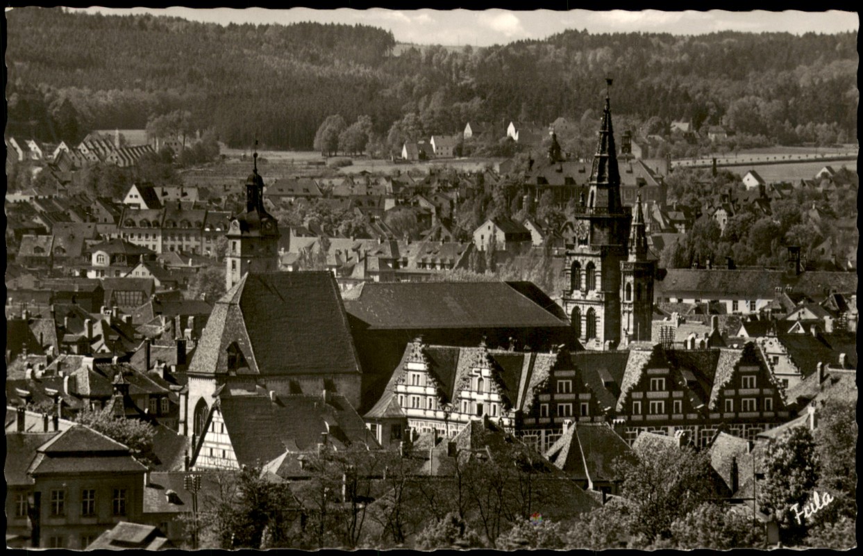 zoom: Image side vintage Postcard from 1957: Blick zur Gumbertuskirche und Landgericht:: Ansbach