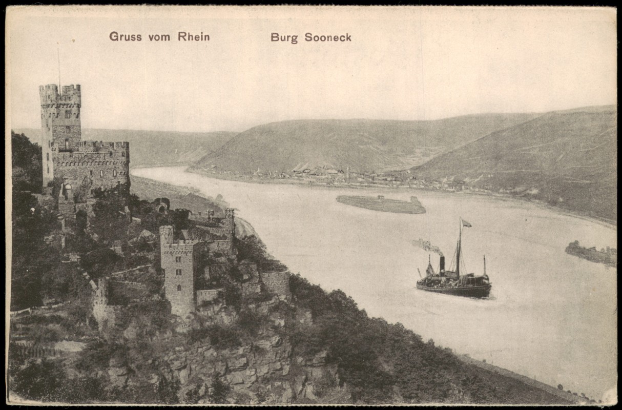 zoom: Image side vintage Postcard from 1910: Burg Sooneck am Rhein mit Dampfer:: Mainz