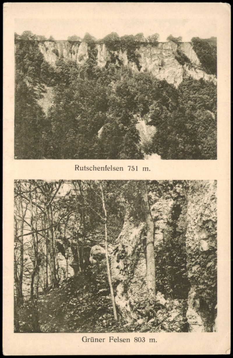 vergrößern: Bildseite historische Ansichtskarte von 1926: Rutschenfelsen und Grüner Felsen:: Bad Urach