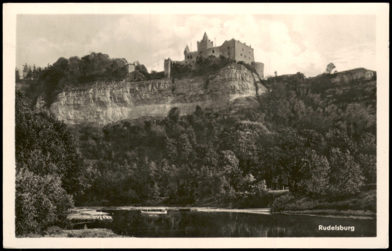 zoom: Image side vintage Postcard from 1954: Ansicht der Rudelsburg auf dem Kalkfelsen:: Saaleck-Bad Kösen