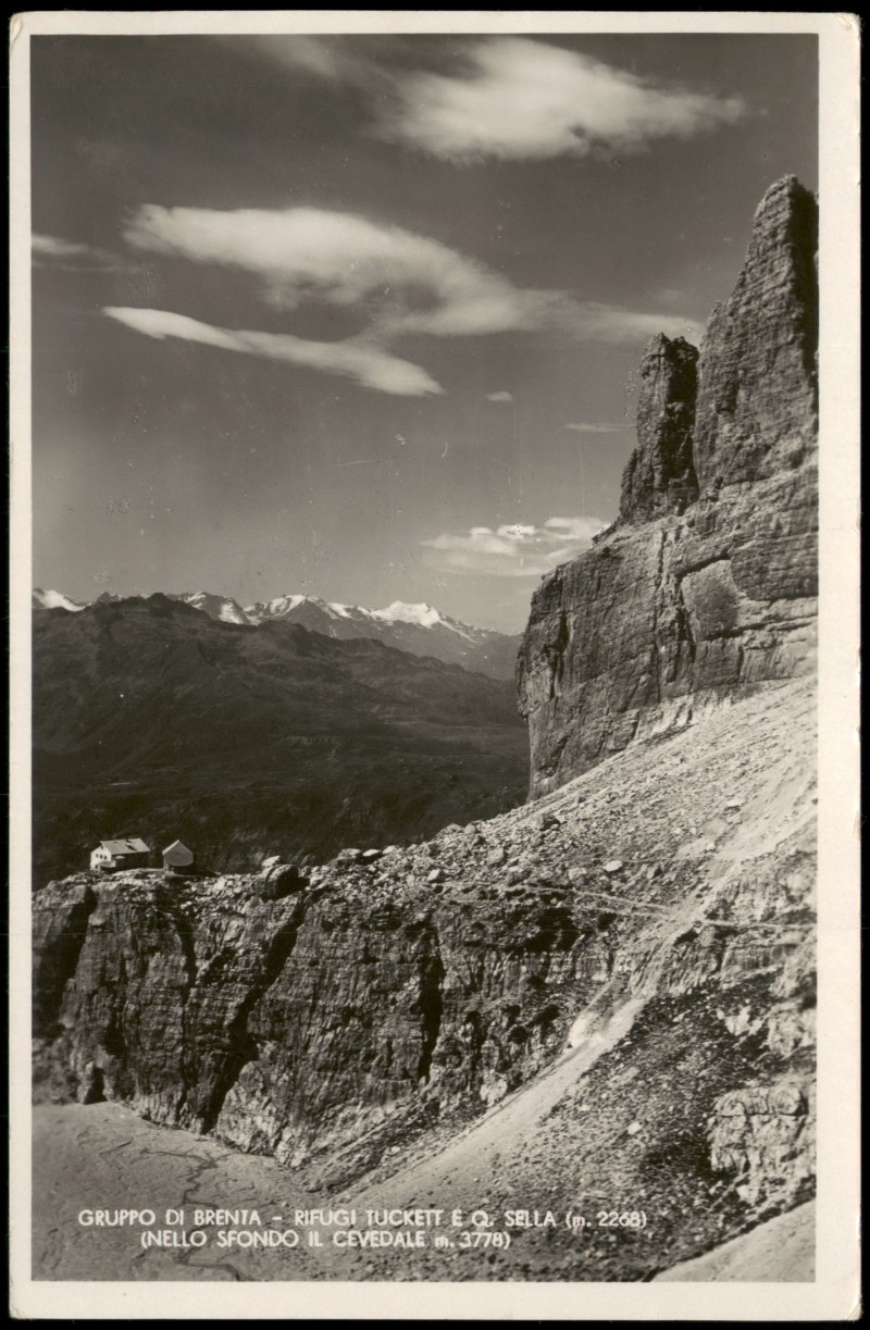 zoom: Image side vintage Postcard from 1950: Brentagruppe, Rifugio Tuckett und Rifugio Quintino Sella:: Trento