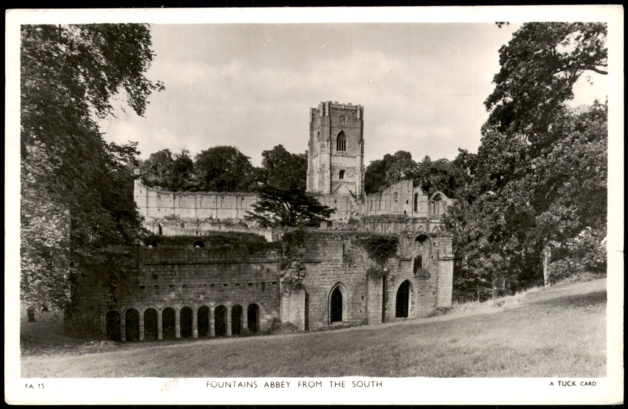 zoom: Image side vintage Postcard from 1953: Fountains Abbey from the South:: Ripon