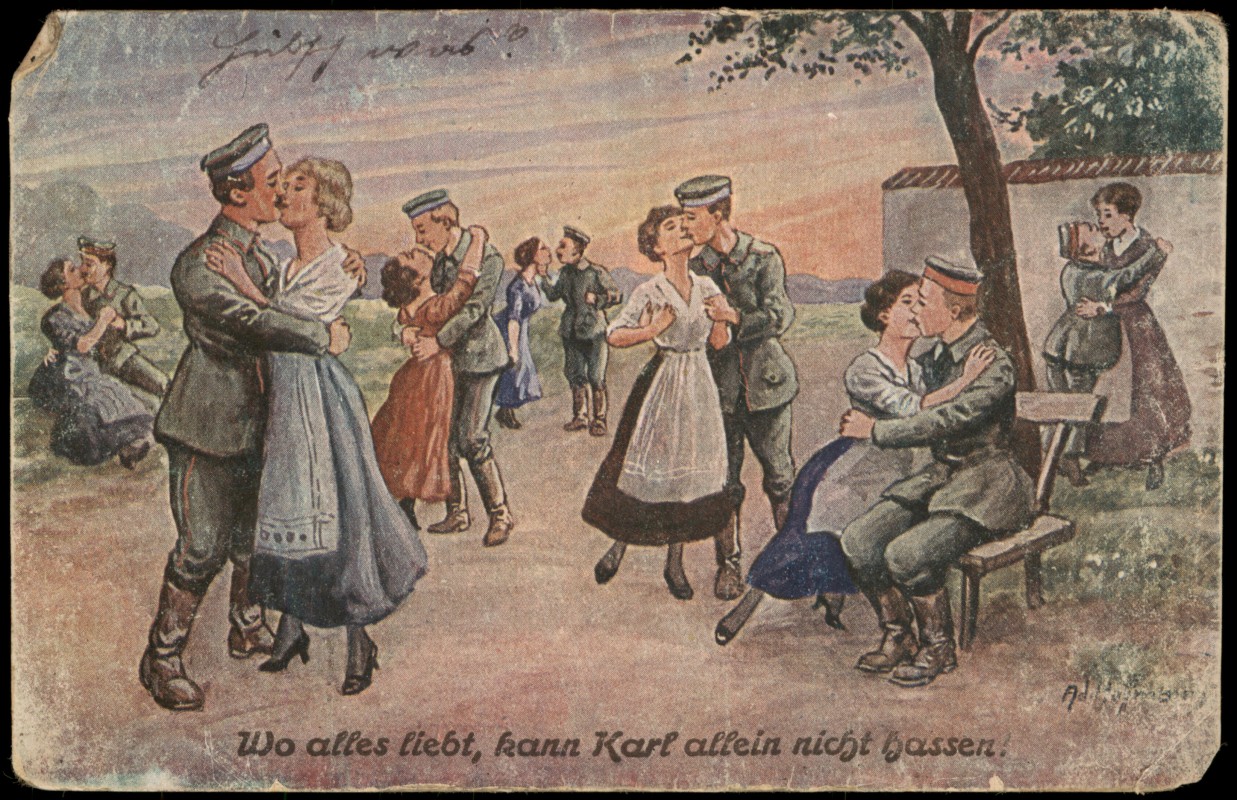 zoom: Image side vintage Postcard from 1917: Soldaten und Frauen beim Küssen und Tanzen::