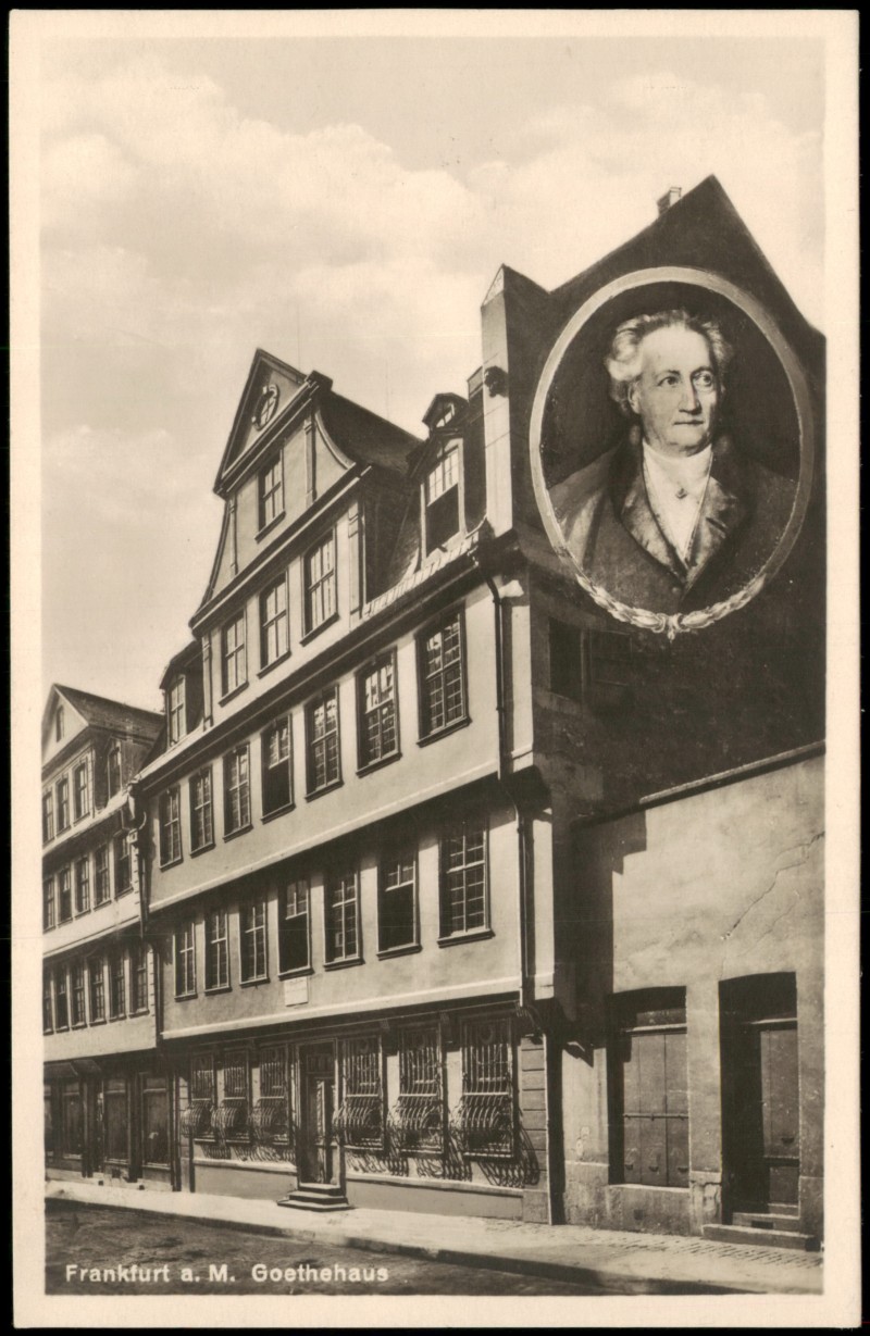 vergrößern: Bildseite historische Ansichtskarte von 1935: Goethehaus mit Porträt von Johann Wolfgang von Goethe:: Frankfurt am Main