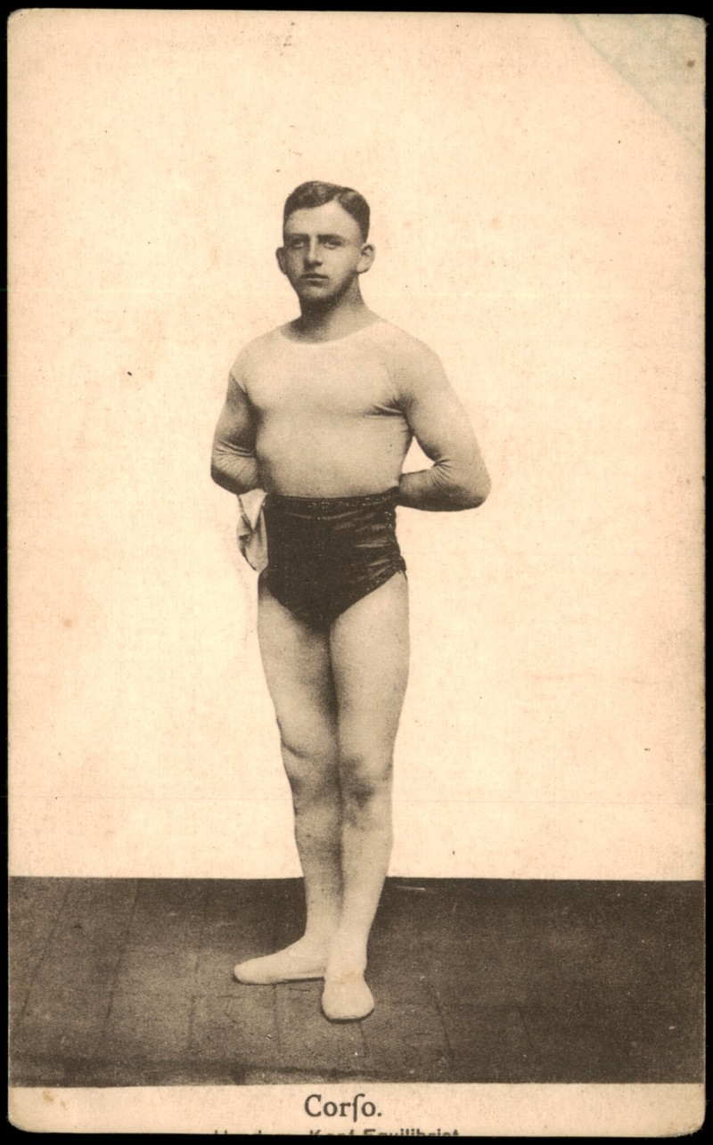 vergrößern: Bildseite historische Ansichtskarte von 1910: Handstand-Equilibrist Corso, Sport Turnen::