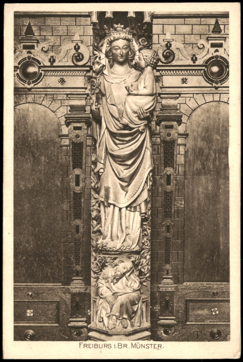 vergrößern: Bildseite historische Ansichtskarte von 1930: Hauptportal: Madonna und Isai. Münster:: Freiburg im Breisgau