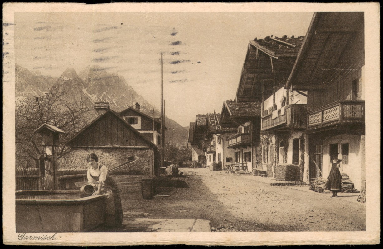 zoom: Image side vintage Postcard from 1933: Frühlingstraße mit Wettersteingebirge:: Garmisch-Partenkirchen
