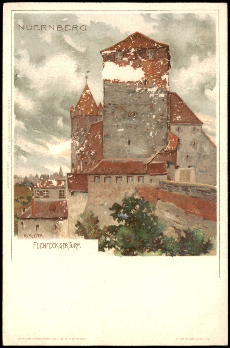 zoom: Image side vintage Postcard from 1900: Fünfeckiger Turm, Künstlerkarte:: Nuremberg
