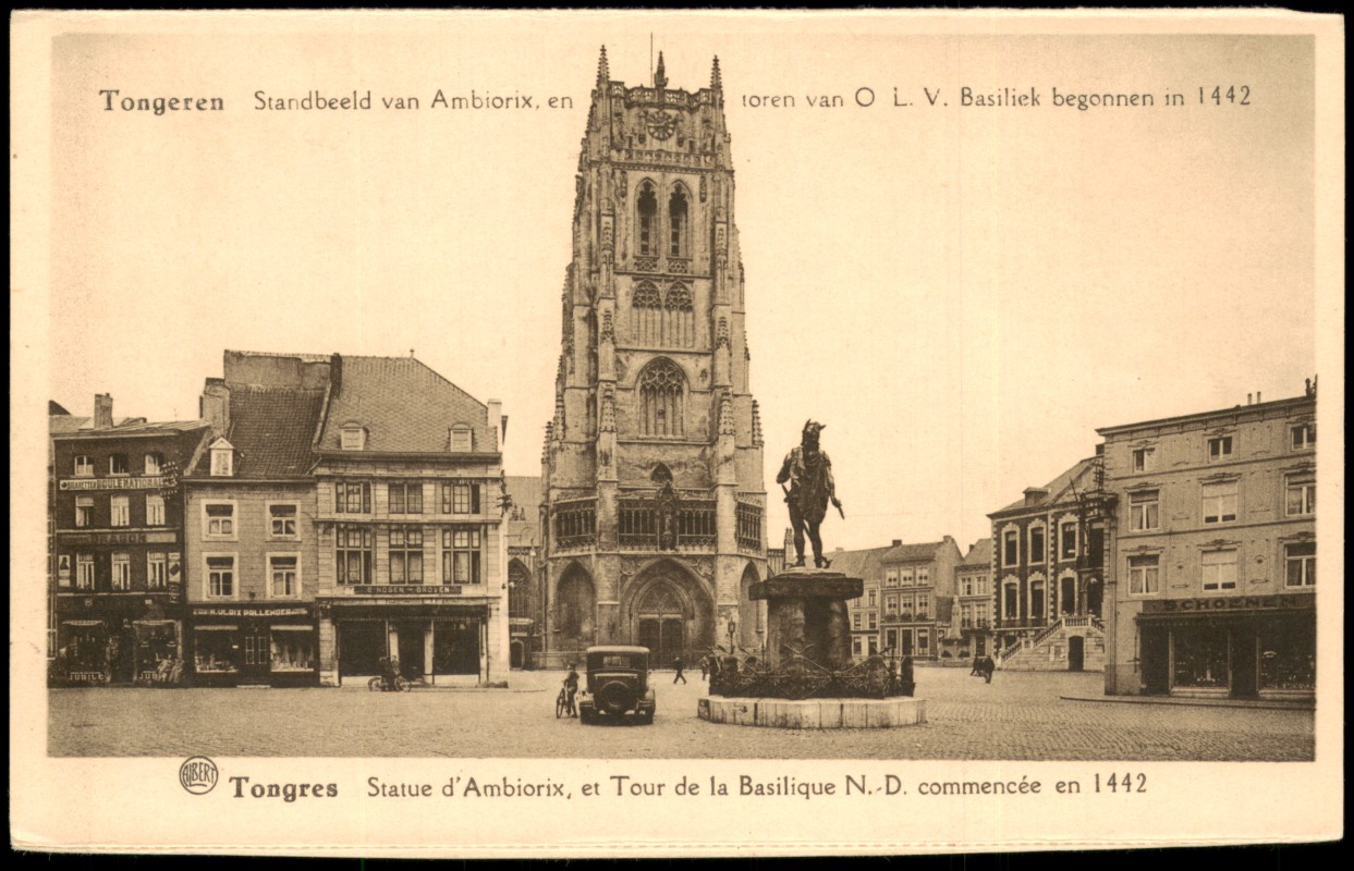 vergrößern: Bildseite historische Ansichtskarte von 1935: Statue von Ambiorix und Turm der Liebfrauenbasilika:: Tongern