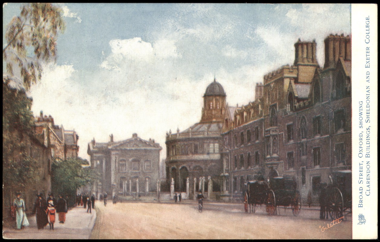 zoom: Image side vintage Postcard from 1910: Broad Street mit Clarendon Building, Sheldonian Theatre und Exeter College:: Oxford