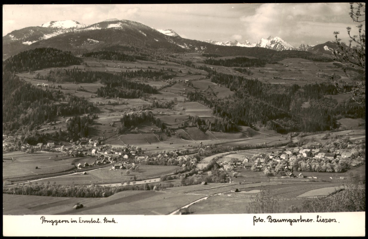 zoom: Image side vintage Postcard from 1959: Panorama-Ansicht von Pruggern im Ennstal:: Pruggern