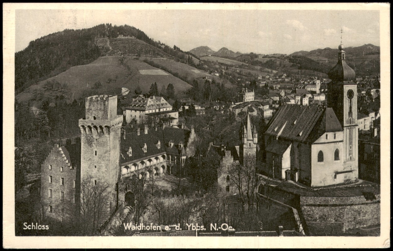 vergrößern: Bildseite historische Ansichtskarte von 1955: Schloss Rothschild und Stadtpfarrkirche:: Waidhofen an der Ybbs