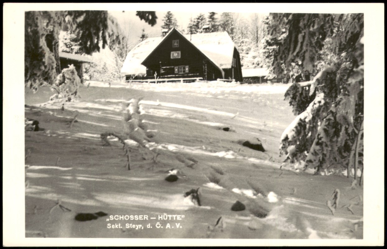 vergrößern: Bildseite historische Ansichtskarte von 1953: Schosser-Hütte auf der Dirn im Winter:: Losenstein