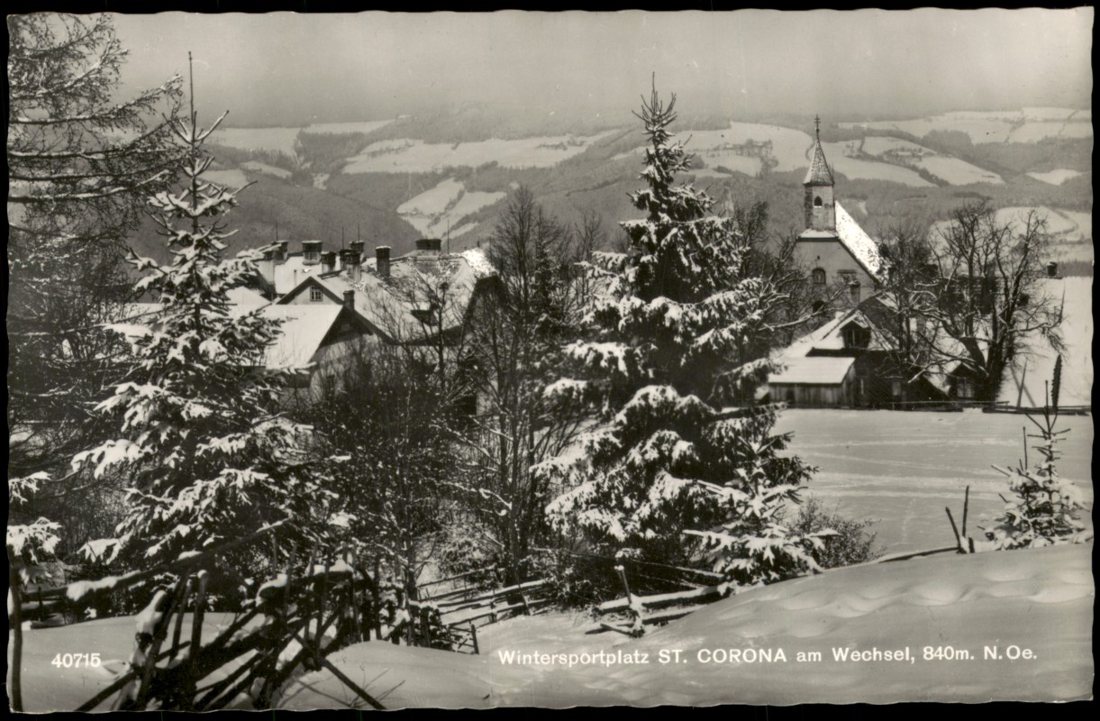 zoom: Image side vintage Postcard from 1968: Winterliche Ortsansicht mit Kirche:: St. Corona