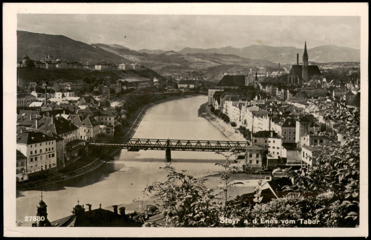 vergrößern: Bildseite historische Ansichtskarte von 1940: Steyr an der Enns, Blick vom Tabor:: Steyr (Oberösterreich)
