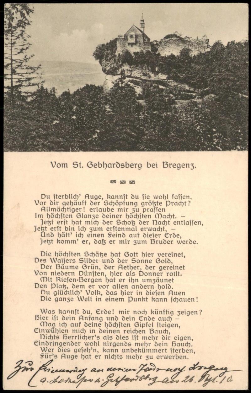 zoom: Image side vintage Postcard from 1910: St. Gebhardsberg bei Bregenz mit Gedicht:: Bregenz