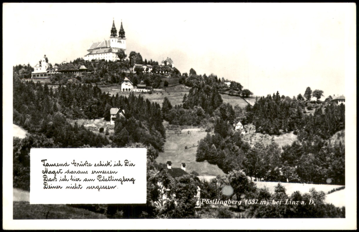 vergrößern: Bildseite historische Ansichtskarte von 1950: Pöstlingberg mit Wallfahrtskirche:: Pöstlingberg-Linz