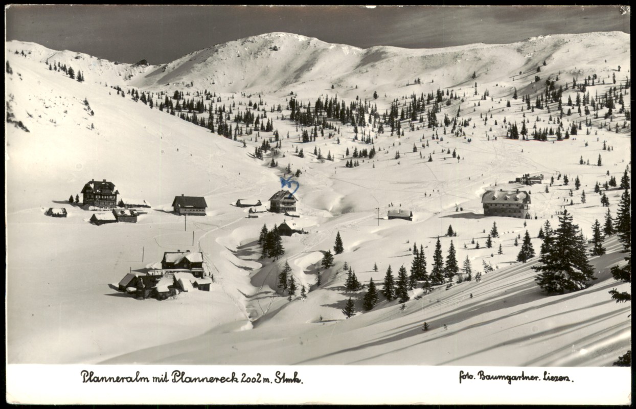 zoom: Image side vintage Postcard from 1959: Planneralm mit Plannereck:: Donnersbach