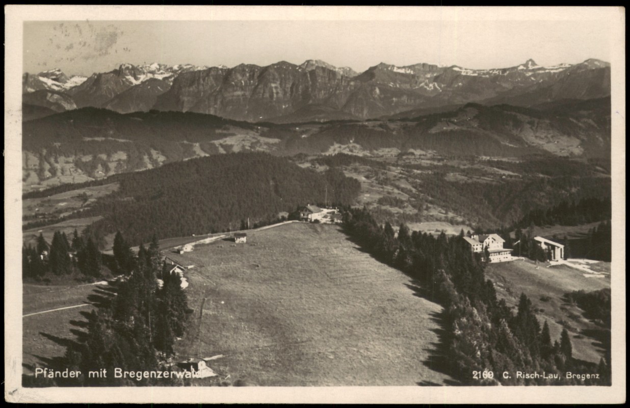 zoom: Image side vintage Postcard from 1928: Blick vom Pfänder auf den Bregenzerwald:: Bregenz