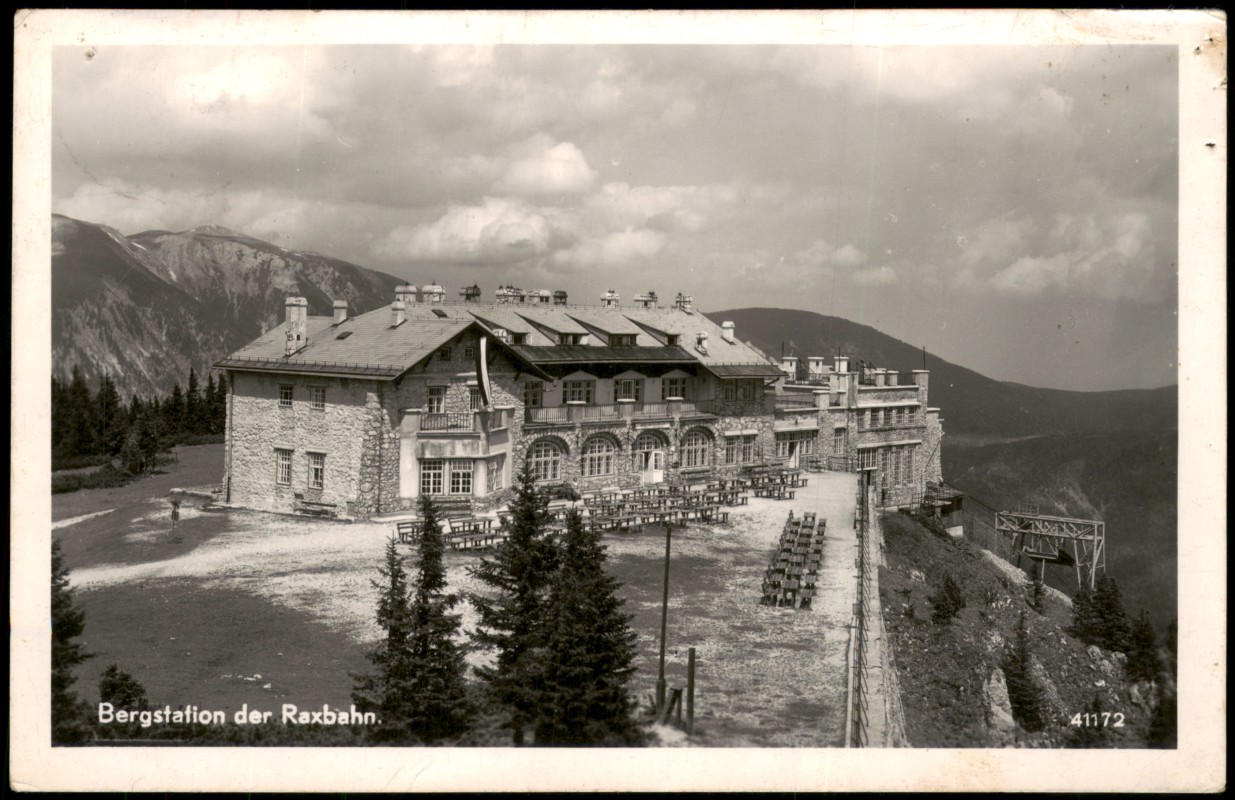 zoom: Image side vintage Postcard from 1955: Bergstation der Raxbahn:: Reichenau an der Rax