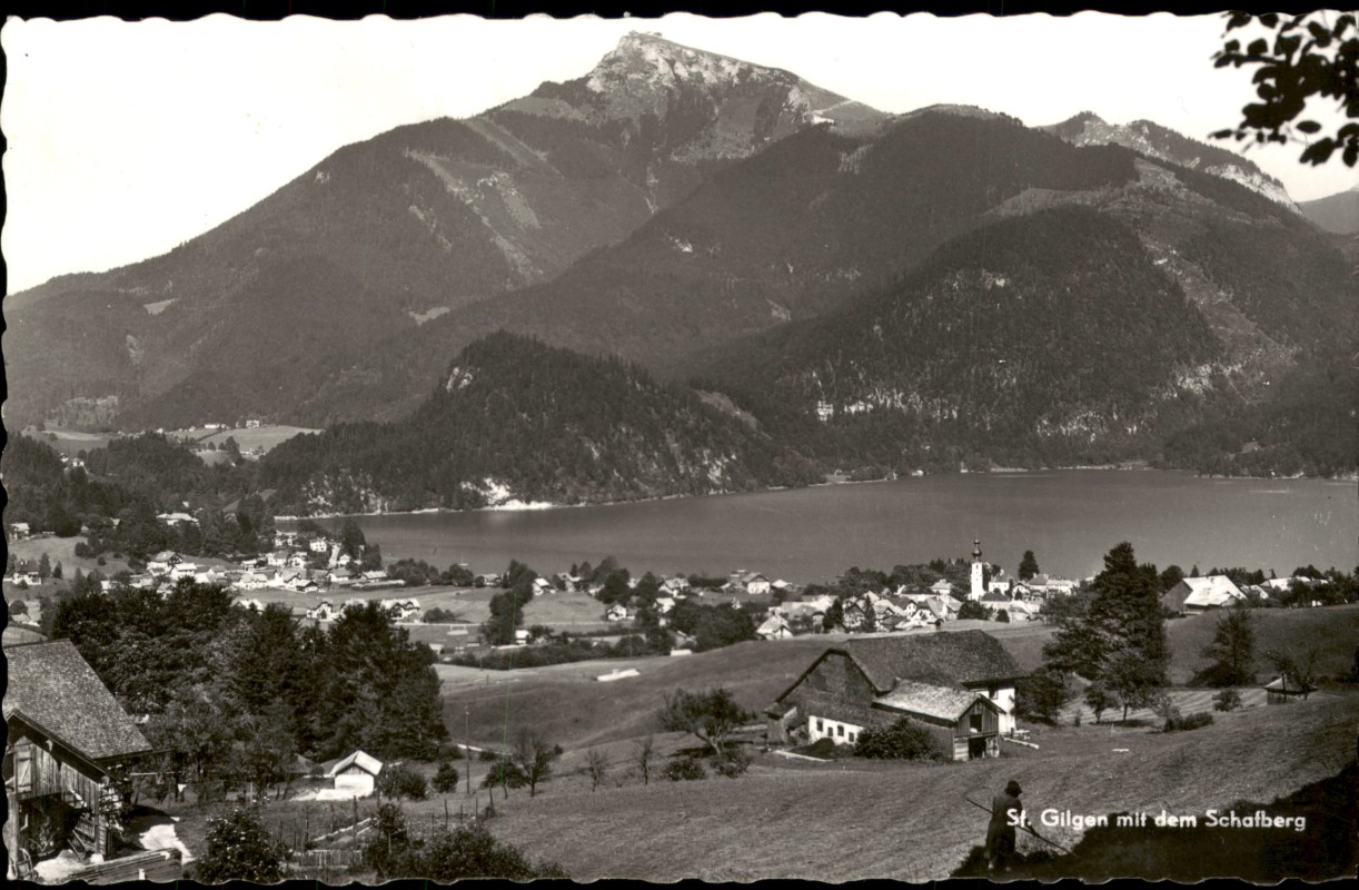 vergrößern: Bildseite historische Ansichtskarte von 1960: mit dem Schafberg und Wolfgangsee:: Sankt Gilgen