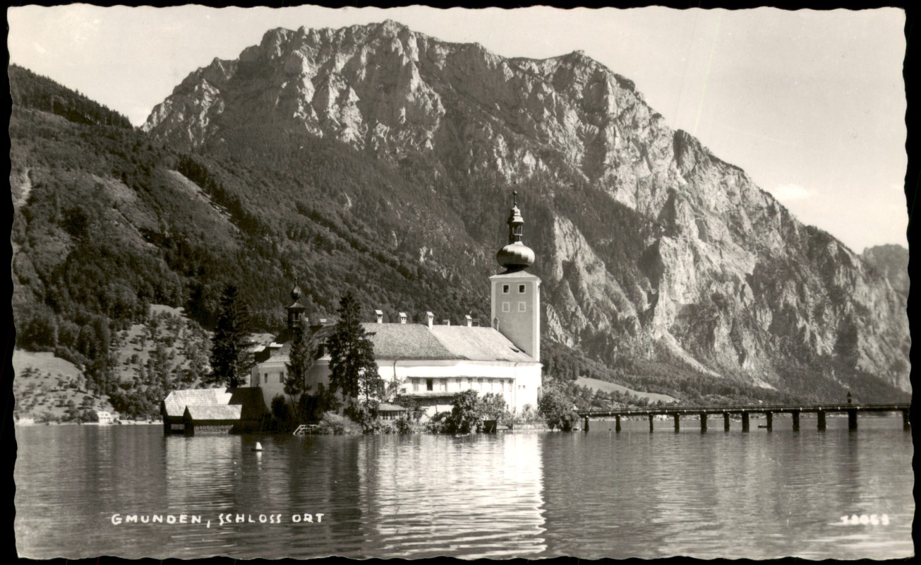 vergrößern: Bildseite historische Ansichtskarte von 1955: Schloss Ort:: Gmunden-Ort-Gmunden (Salzkammergut)
