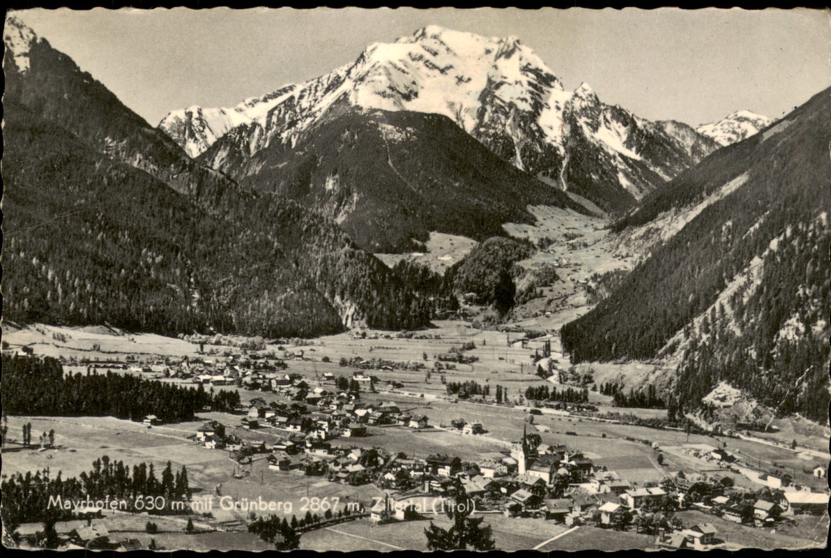 zoom: Image side vintage Postcard from 1961: Ortsansicht mit Grünberg:: Mayrhofen