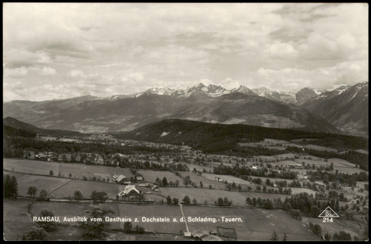 zoom: Image side vintage Postcard from 1940: Panorama Ausblick vom Gasthaus z. Dachstein a. d. Schladmg.-Tauern:: Ramsau Niederösterreich