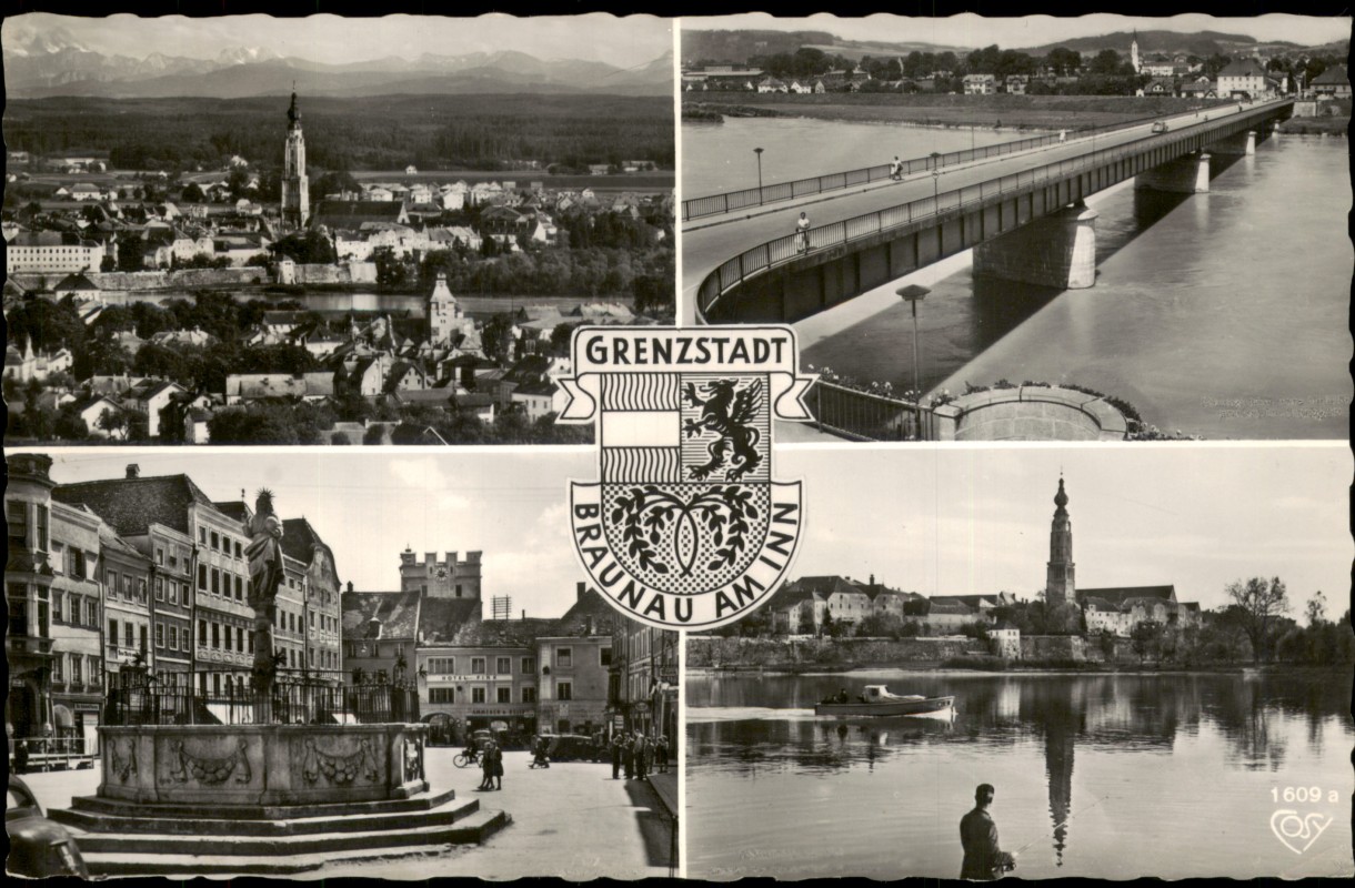 vergrößern: Bildseite historische Ansichtskarte von 1964: Mehrbildkarte mit Straßen und Plätze:: Braunau am Inn