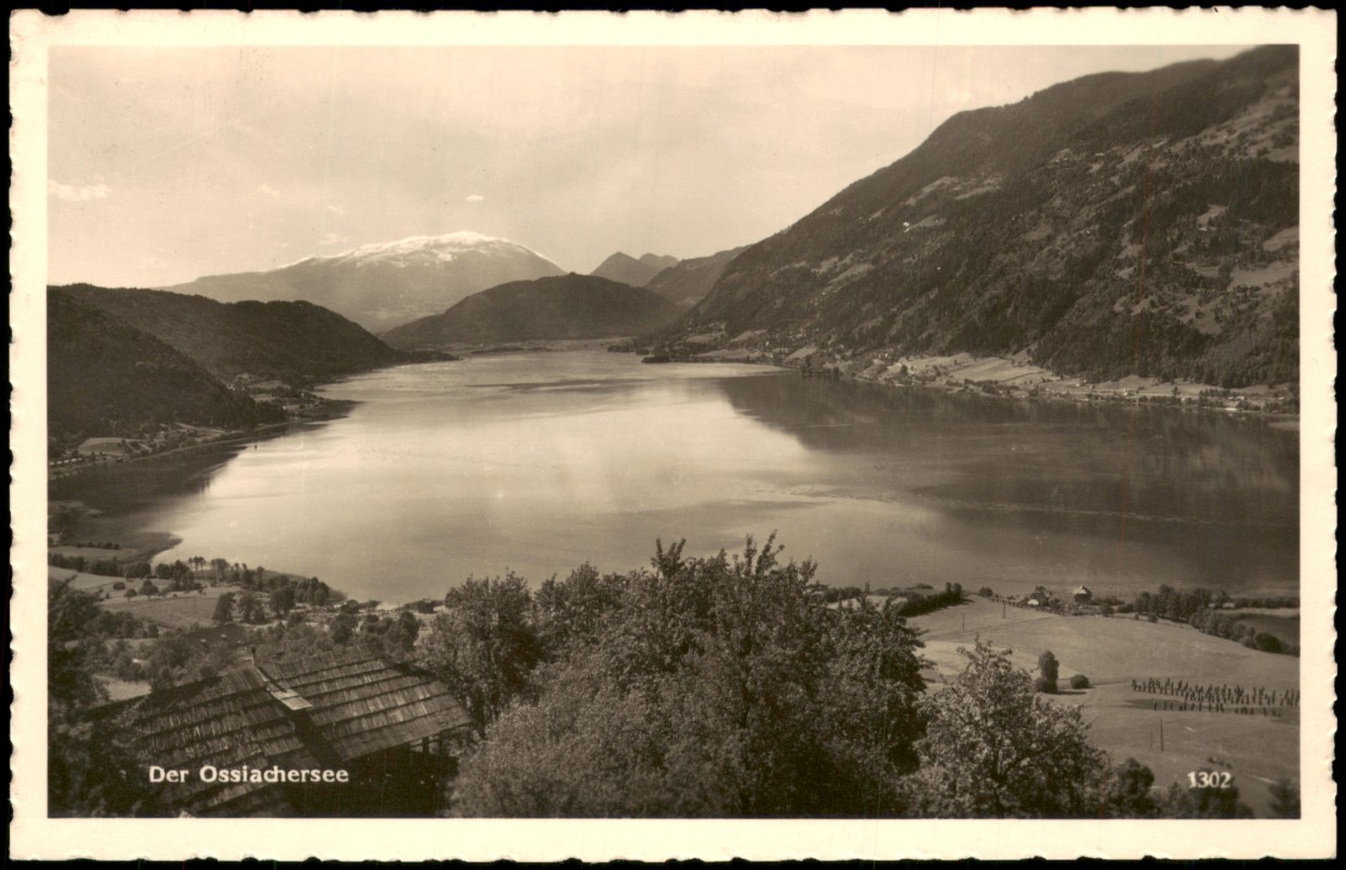 vergrößern: Bildseite historische Ansichtskarte von 1956: Panorama-Ansicht Ossiachersee:: Ossiach