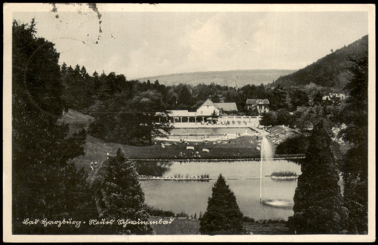 zoom: Image side vintage Postcard from 1933: Neues Schwimmbad:: Bad Harzburg