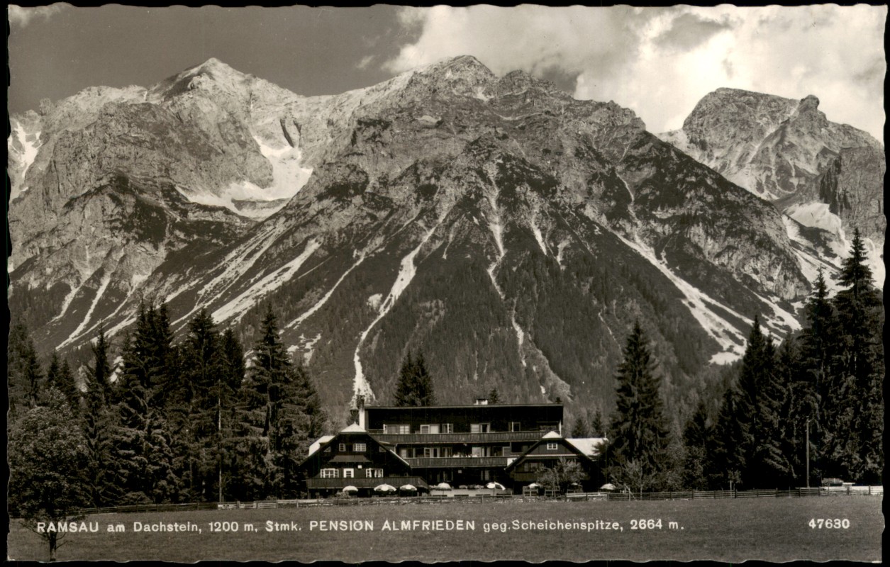 zoom: Image side vintage Postcard from 1959: Pension Almfrieden vor der Scheichenspitze:: Ramsau am Dachstein