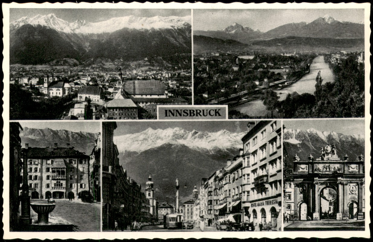 vergrößern: Bildseite historische Ansichtskarte von 1960: Mehrbildkarte mit Panorama, Goldenem Dachl, Maria-Theresien-Straße und Triumphpforte:: Innsbruck